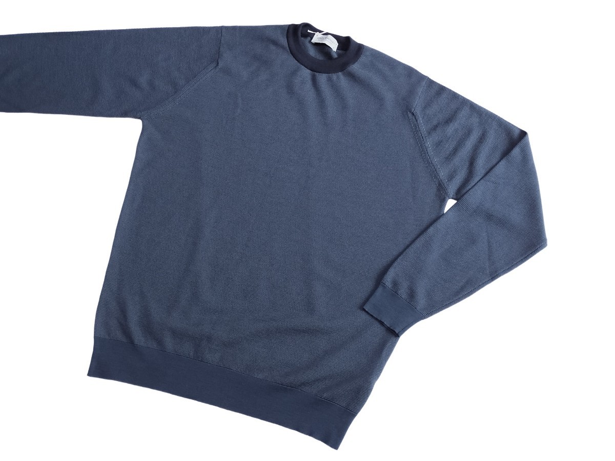メンズ M ジョンスメドレー 最高級メリノウール ハニカム編みクルーネックセーター 15SINGULAR SMOKE BLUE /SLATE GREY