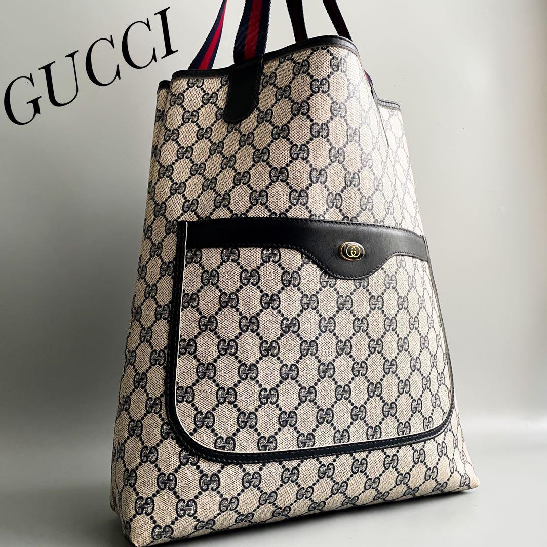 【美品・人気モデル】GUCCi グッチ トートバッグ ハンドバッグ シェリーライン インターロッキング A4収納 PVC レザー ネイビー