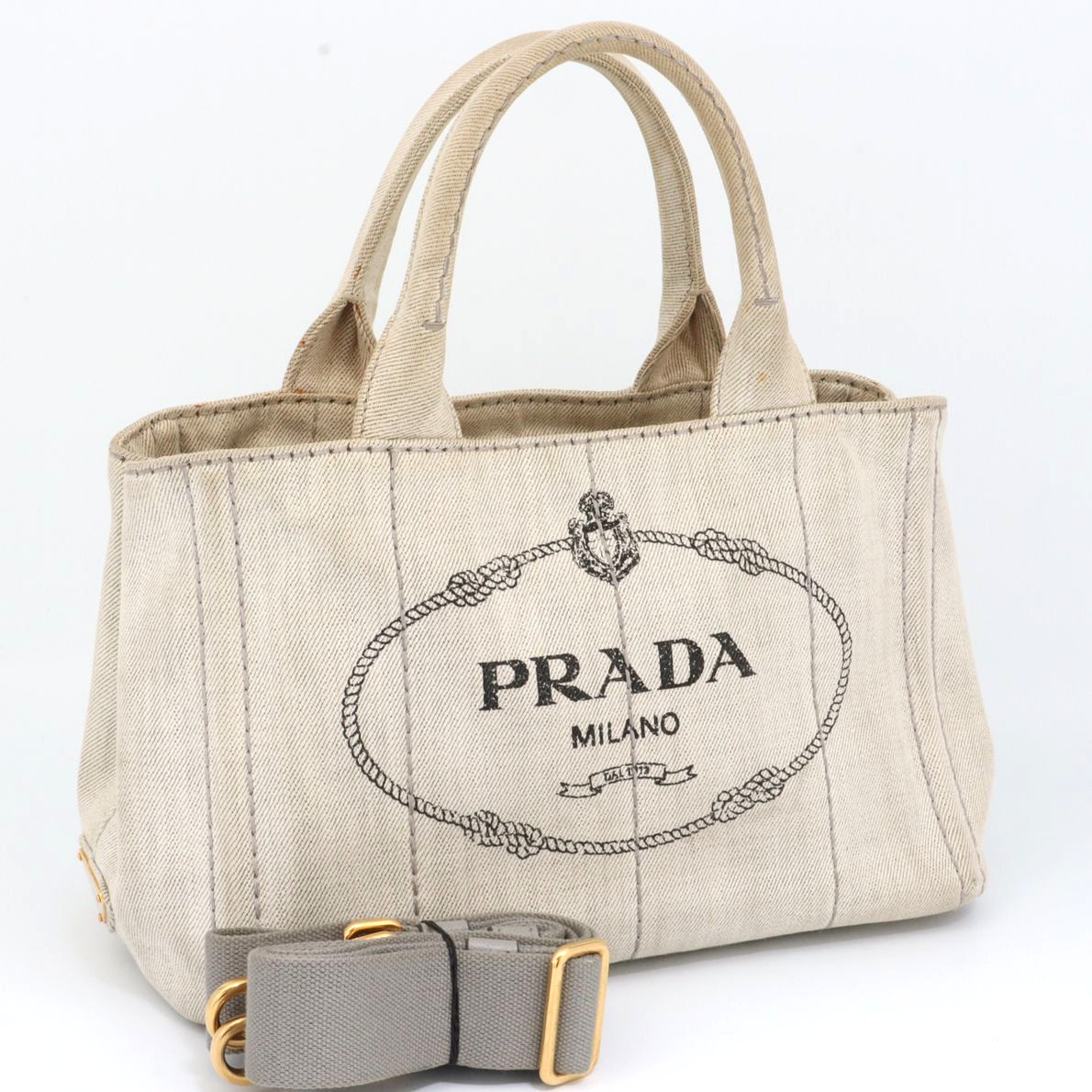 1円 プラダ PRADA カナパ デニム 2WAY ショルダーバッグ ハンドバッグ トート 三角ロゴ キャンバス レディース 斜め掛け ホワイト グレー_画像1