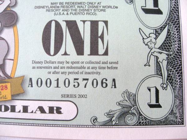 ディズニーダラー　1ドル札（2002年版） $1 紙幣　ミッキーマウス Disney Dollars_画像3