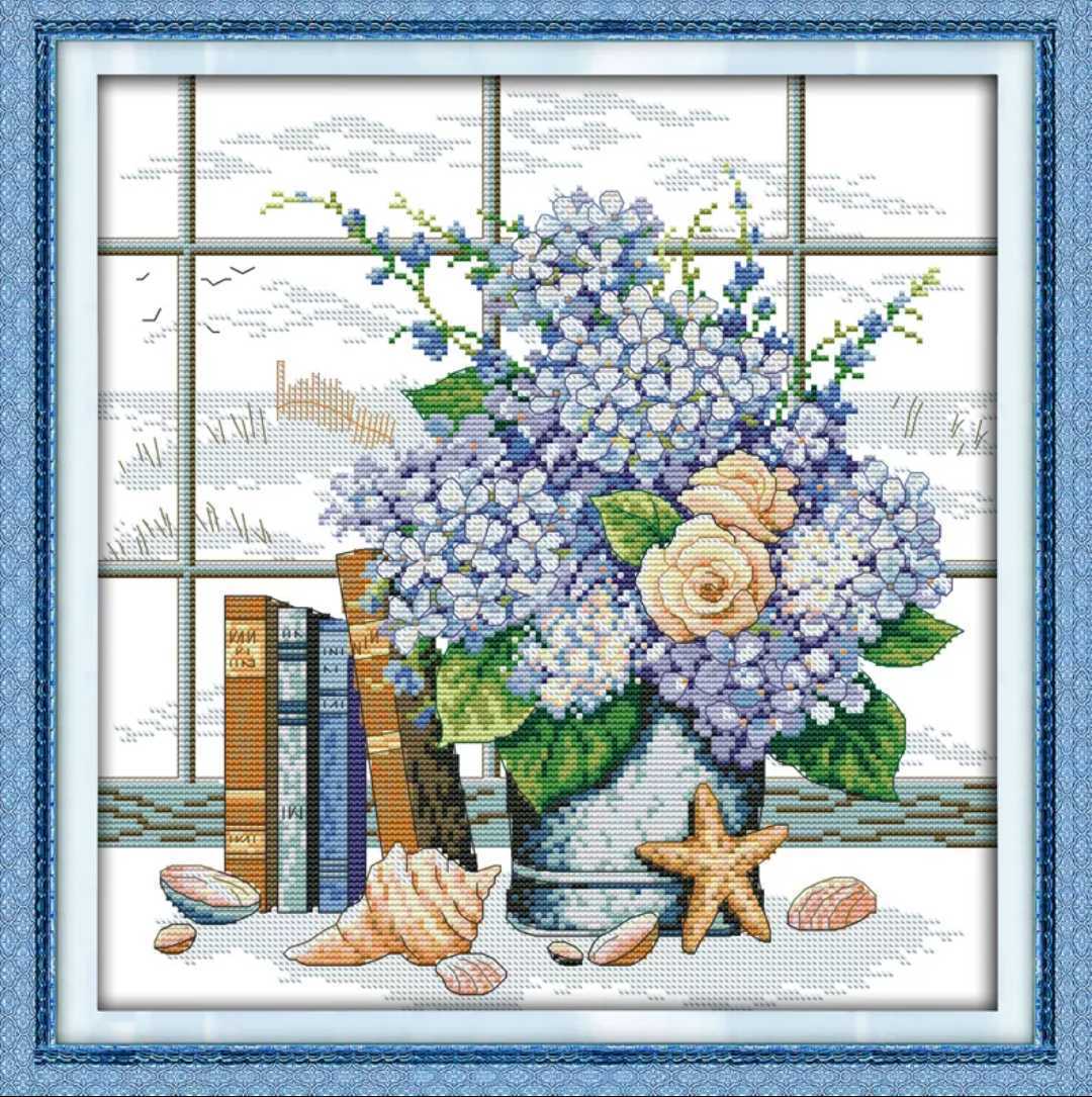 クロスステッチキット 窓辺のあじさい 紫陽花 アジサイ 14CT 図案印刷あり 35×36cm 刺繍 貝殻