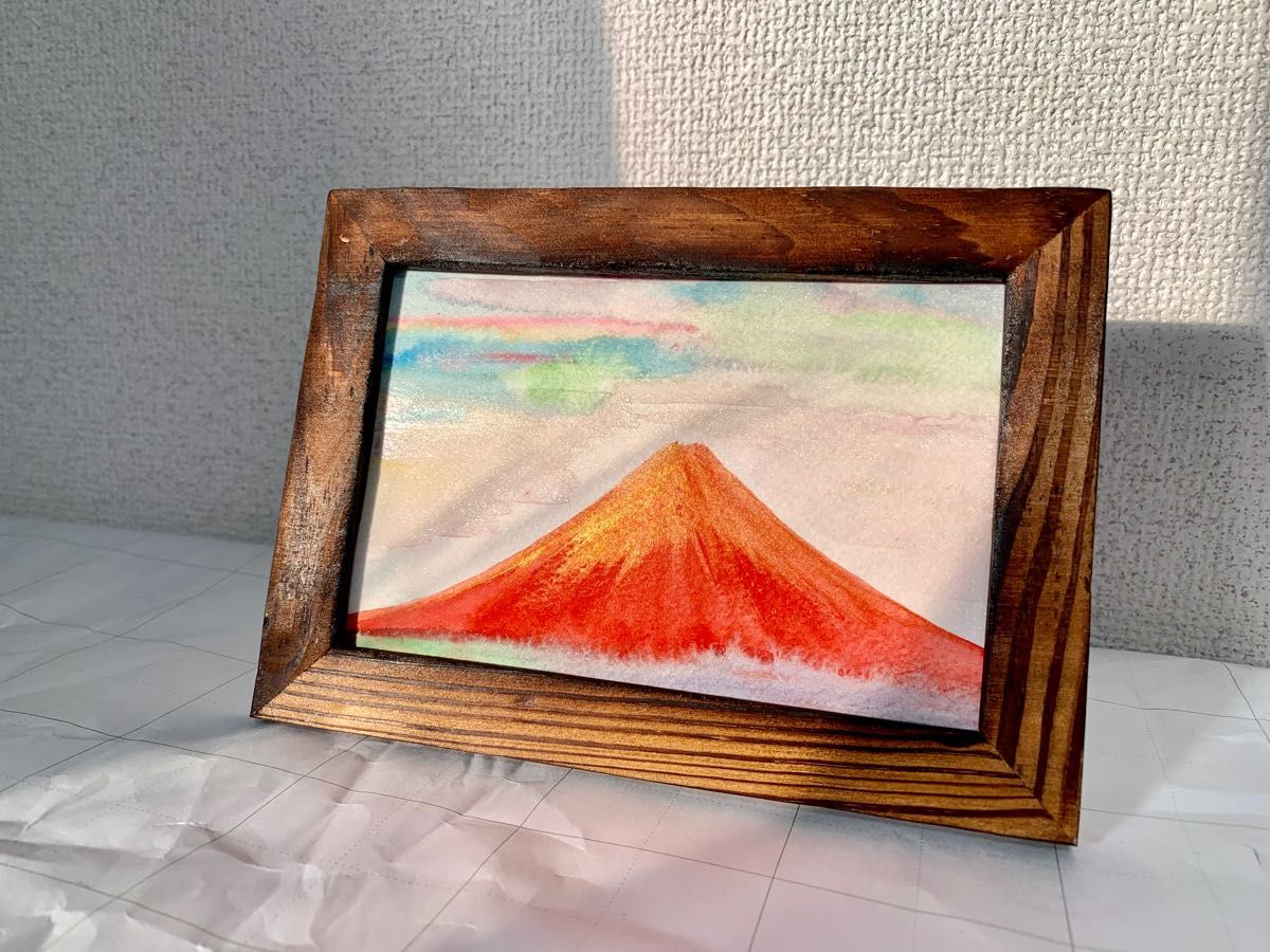 開運絵画　赤富士　金運アップ　子宝　風水　風水絵画　原画　ポストカード　富士山　金運上昇　年賀状　彩雲　虹色　虹　虹雲　開運グッズ