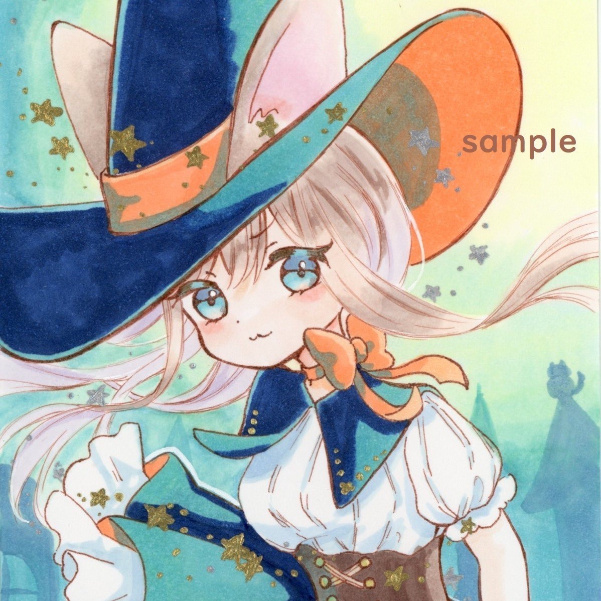 ねこ魔女ちゃん ハロウィン 手描きイラスト 創作 オリジナル コピック