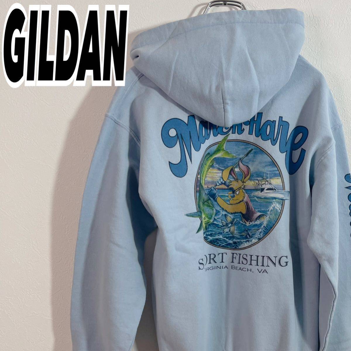 90's GILDAN ギルダン メンズ ヴィンテージ 魚釣り フィッシング デカロゴ プルオーバー パーカー フーディー ブルー ML相当 古着 #TB0629_画像1