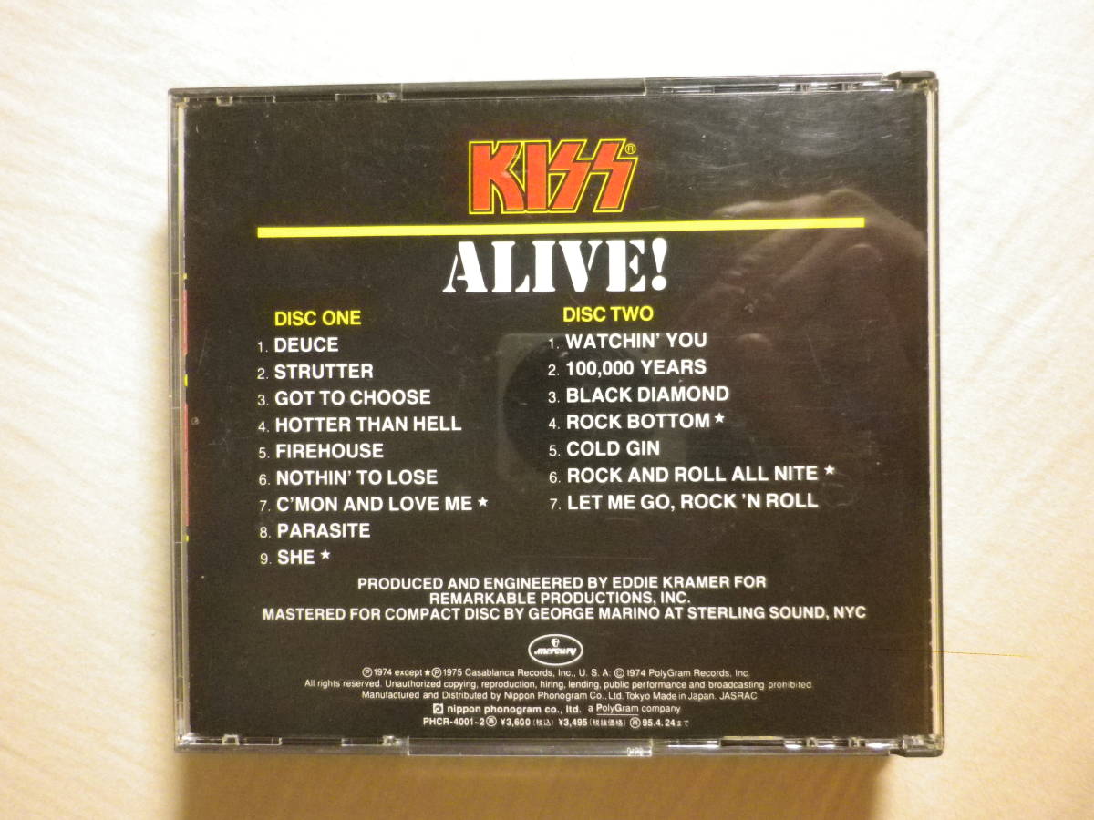 『Kiss/Alive!(1975)』(1993年発売,PHCR-4001/2,廃盤,国内盤,歌詞対訳付,2CD,ライブ名盤,Rock And Roll All Nite,Deuce,Black Diamond)_画像2