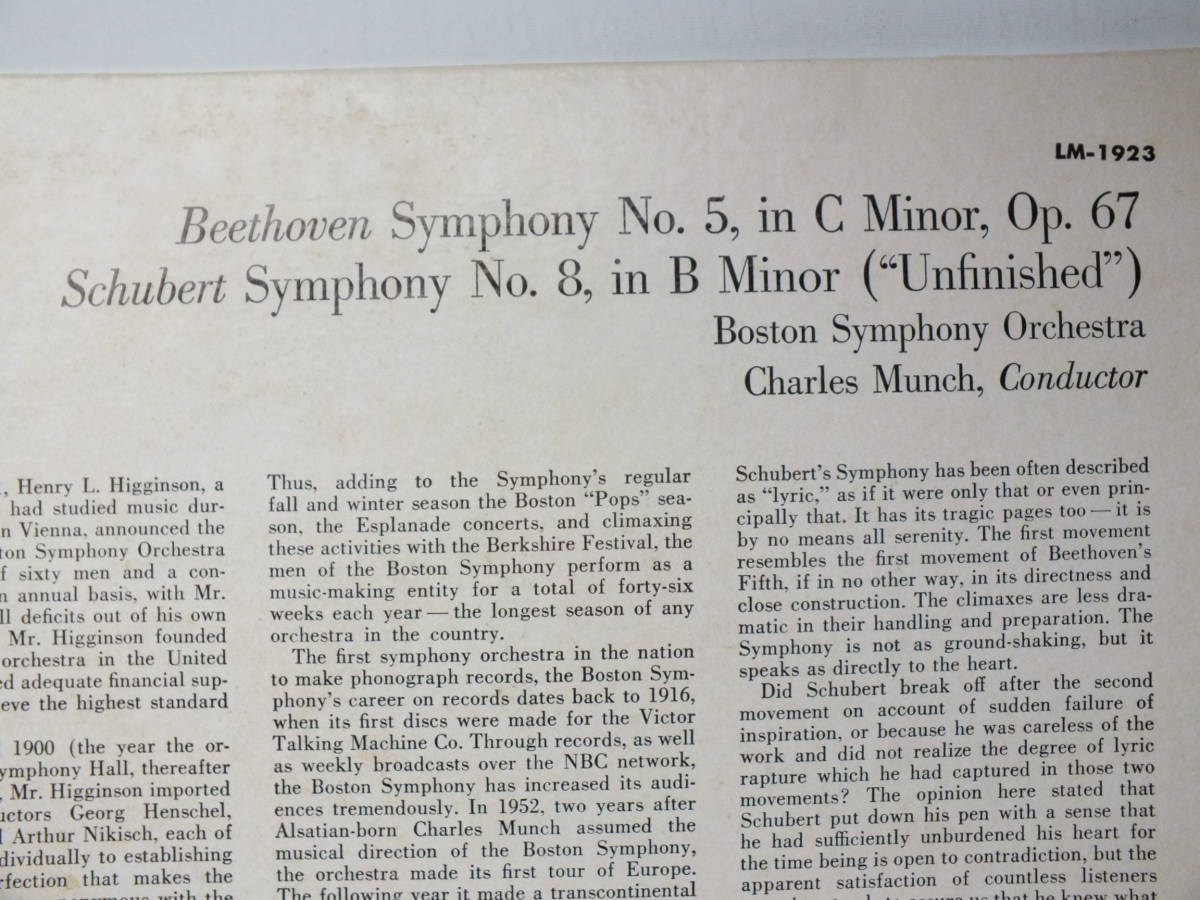 LP LM-1923 シャルル・ミュンシュ　ベートーヴェン　シューベルト　交響曲　ボストン交響楽団 【8商品以上同梱で送料無料】_画像4