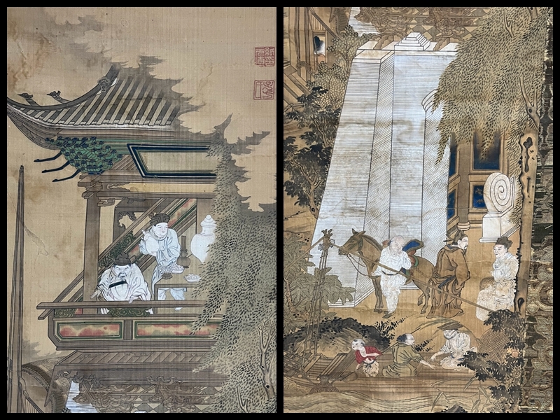 閑 江戸中期絵師 島田元直 紀元直 『中国人物青緑山水図』一双 閑 江戸中期絵師 島田元直 紀元直 『中国人物青緑山水図』一双