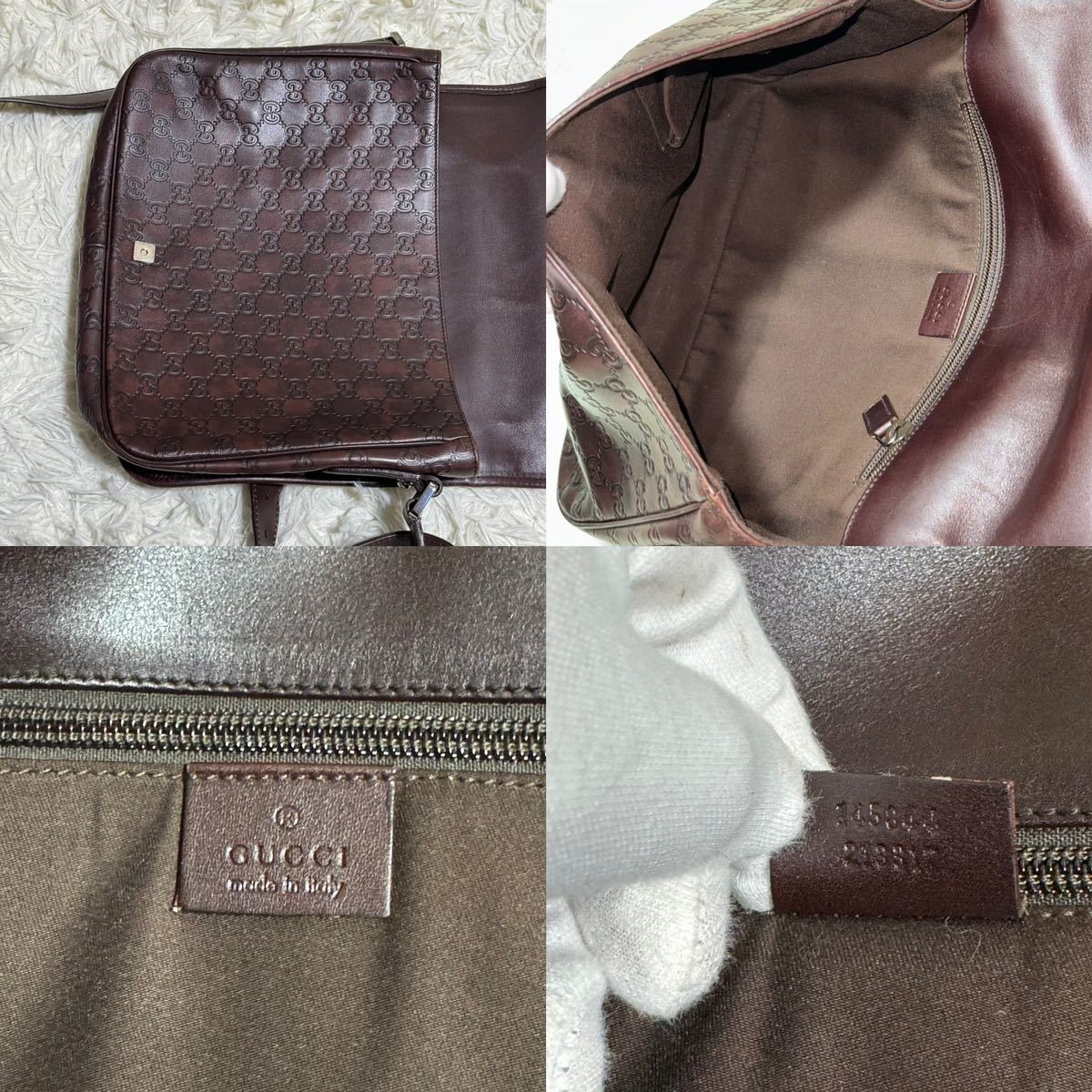 1円 A4 極美品 GUCCI グッチ ショルダーバッグ メッセンジャーバッグ シマ GG ブラウン 斜め掛け メンズ レザー フラップ カーフスキン_画像9