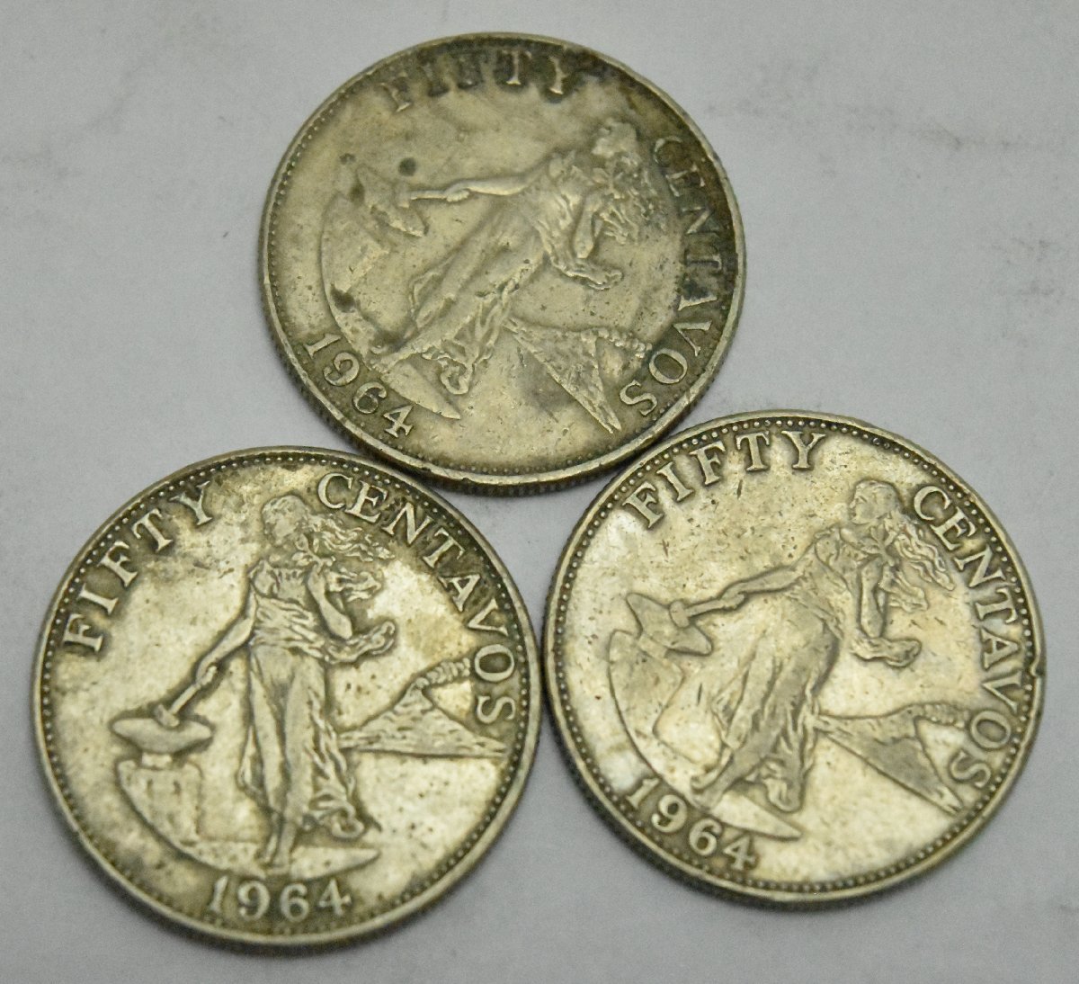 外貨 フィリピン 50センターボ 50センタボ 銀貨 1964年 3枚まとめ 海外 旧硬貨 コイン 古銭 外国 硬貨_画像1