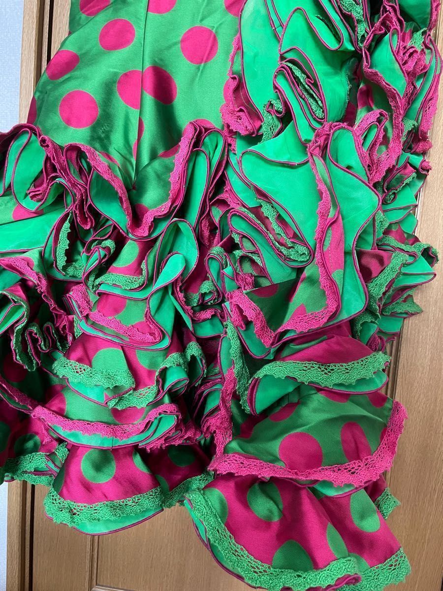 フラメンコ衣装 ロングワンピース ピンク×黄緑ソニアジョーンズ-
