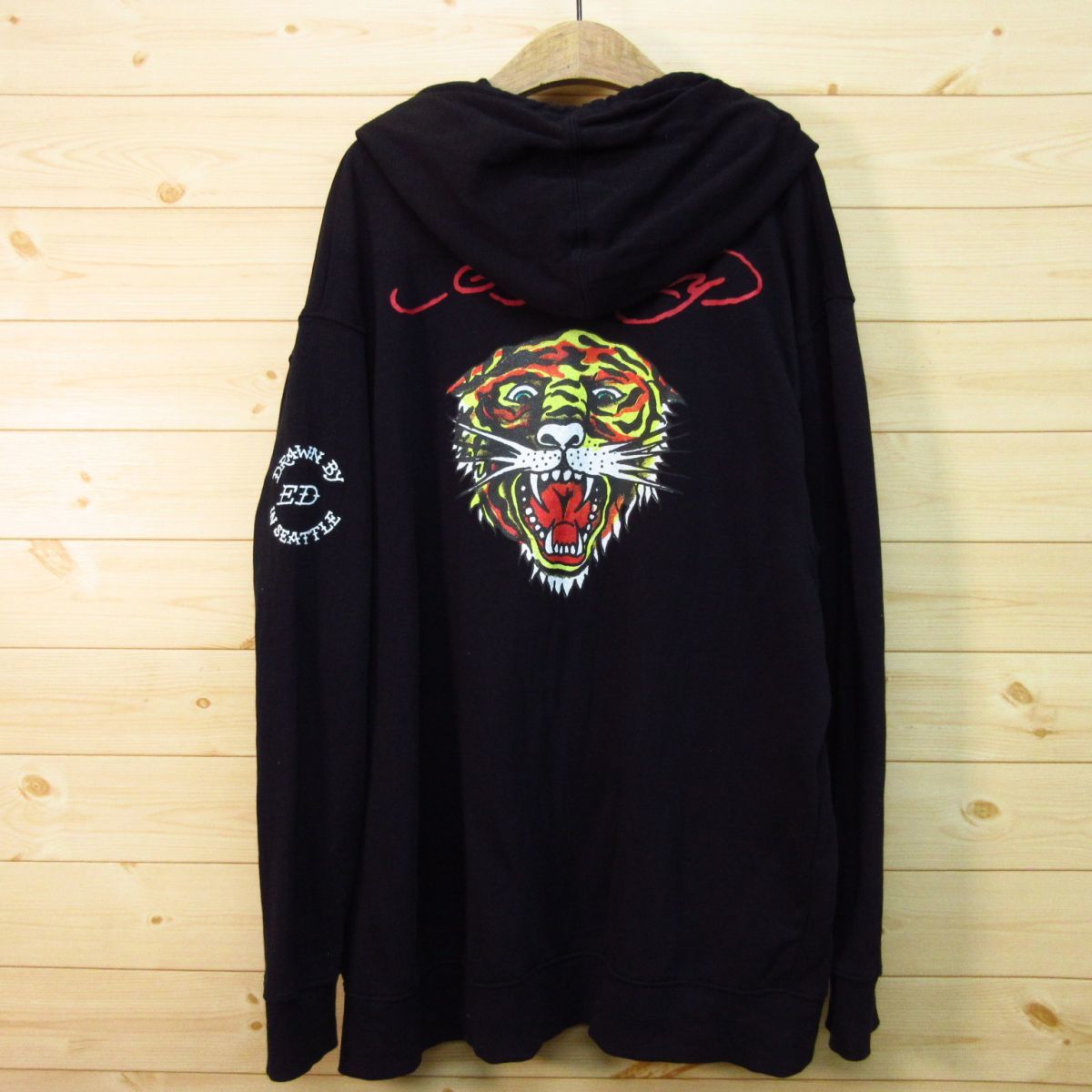 ◎使用少なめ！Ed Hardy エドハーディー◆パーカー スウェット 裏起毛 トラ 虎プリント◆メンズ 黒 XL LLサイズ◆A2888_画像1