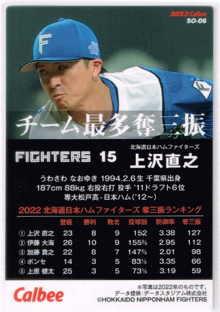 2023 カルビー プロ野球チップス カード 第1弾 チーム最多奪三振 #SO-06 北海道日本ハムファイターズ 上沢直之 スペシャルボックス限定_裏面