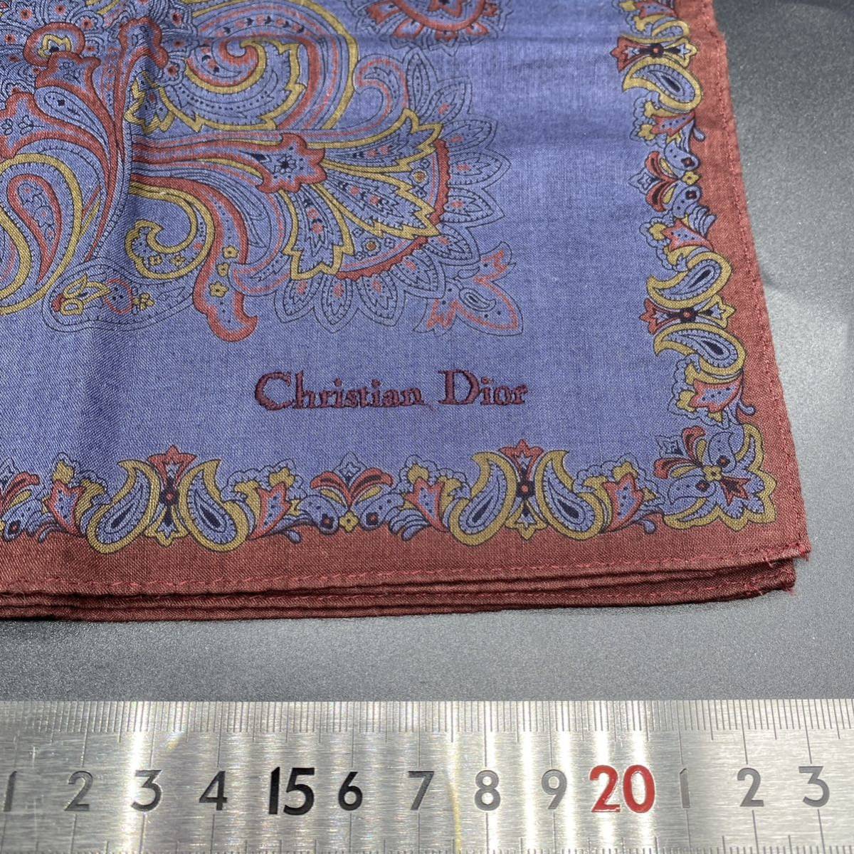 Christian Dior　クリスチャンディオール　ハンカチ　ペイズリー　ネイビー　ふちブラウン　　no.29_画像2