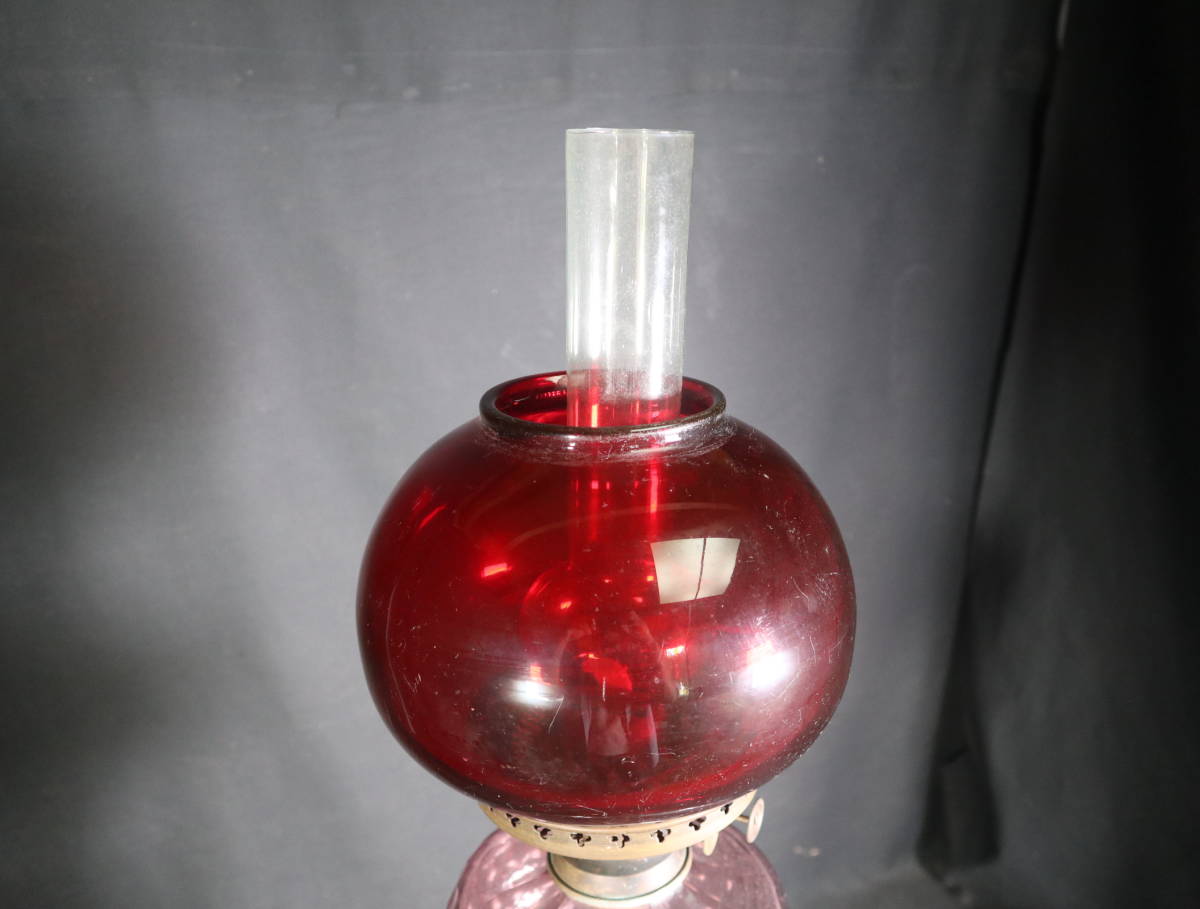 置ランプ・金赤丸形オイルランプ・アンティークガラスランプ・高さ７４㎝_画像3