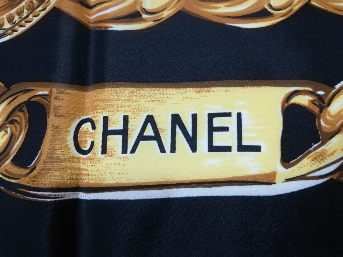 CHANEL シャネル スカーフ チェーン ベルト柄 ブラック ゴールド シルク 黒 _画像4