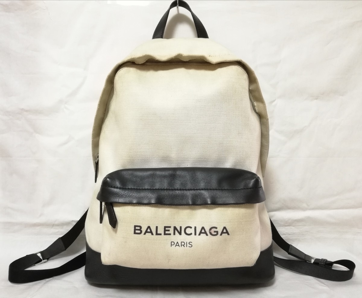 BALENCIAGA バレンシアガ リュック ロゴ バッグパック キャンバス レザー アイボリー ブラック バッグ