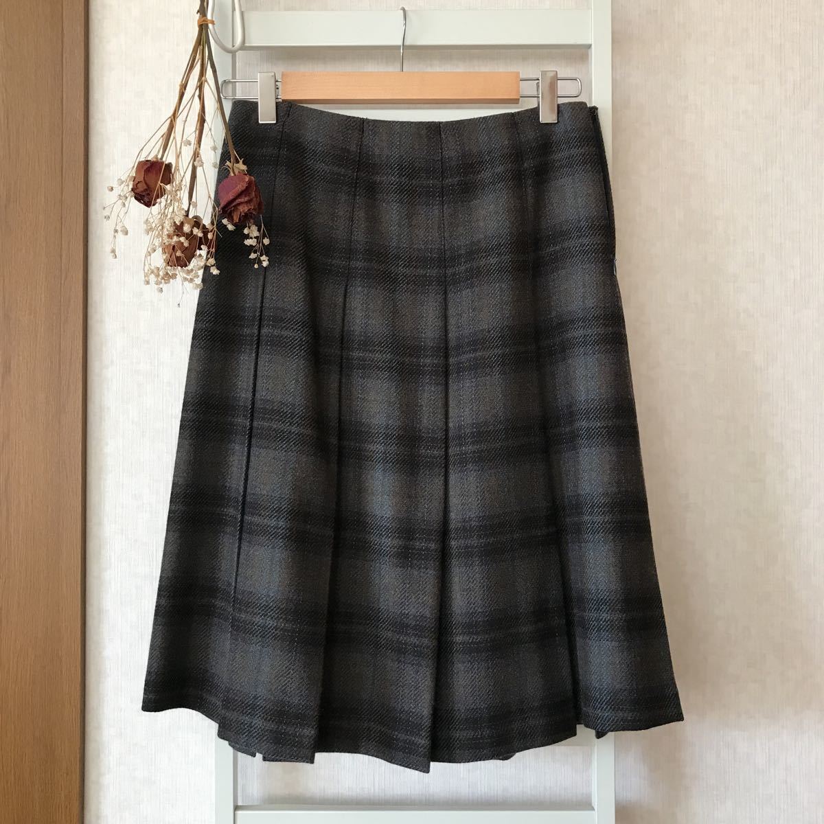 送料無料 23区 秋冬 チェックプリーツウールスカート ひざ丈 サイズ38