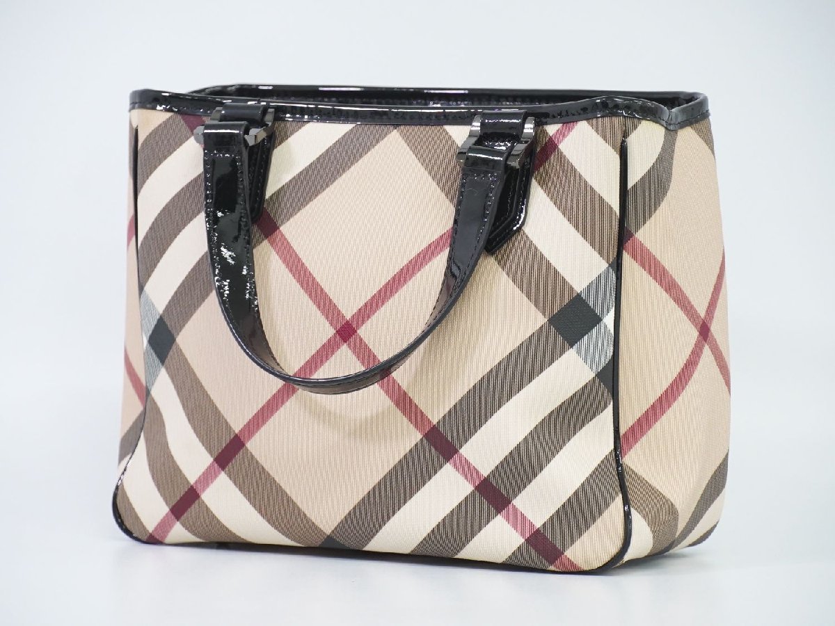 本物 バーバリー BURBERRY ノバチェック チェック トートバッグ ハンドバッグ PVC パテントレザー ベージュ ブラック バッグ 中古_画像2