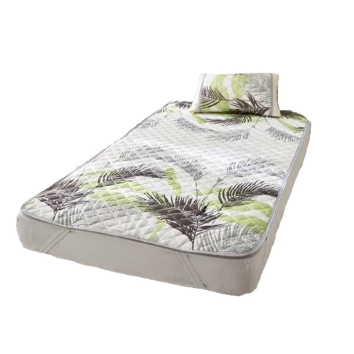 寝具 敷きパッド 接触冷感 リゾートリーフ柄 セミダブル 幅120x205cm グリーン系 夏の画像2