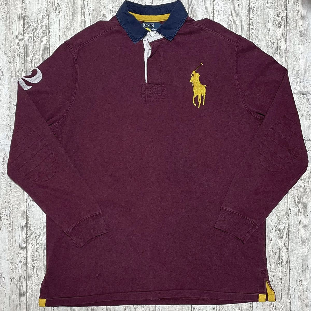 【人気カラー】Polo by Ralph Lauren ポロバイラルフローレン ラガーシャツ Lサイズ ワインレッド エルボーパッチ ビッグポニー 23-54_画像4