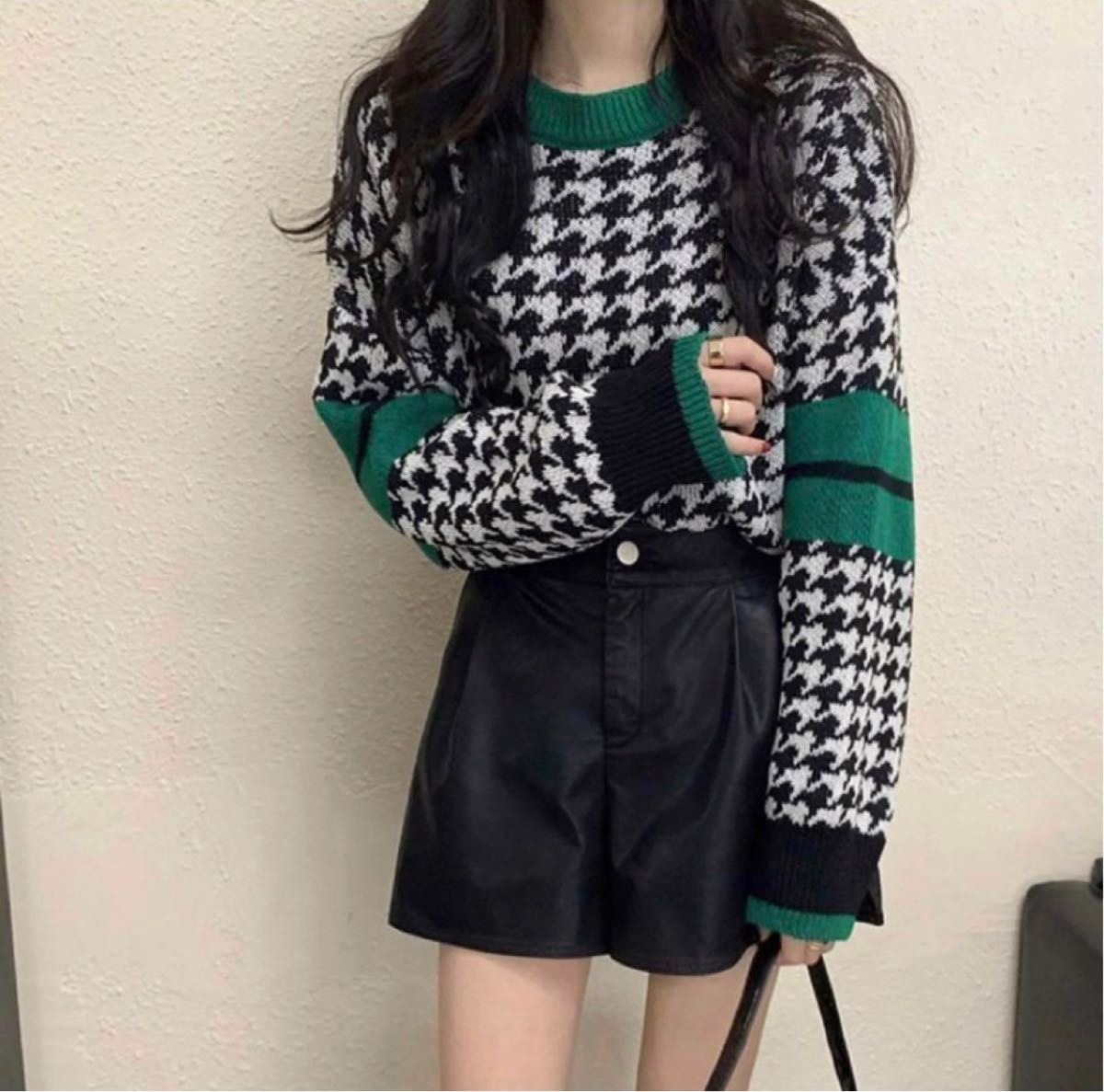 ニット セーター オーバーサイズ 千鳥格子 可愛い チェック柄 黒 ニット セーター オーバーサイズ 千鳥格子 可愛い チェック柄 黒