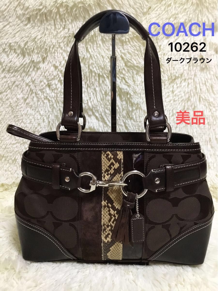 美品　コーチCOACH　レディース　ハンドバッグトートバッグ　肩かけ　ビジネス　フォーマル　キャンバスレザーヘビ柄こげ茶10262