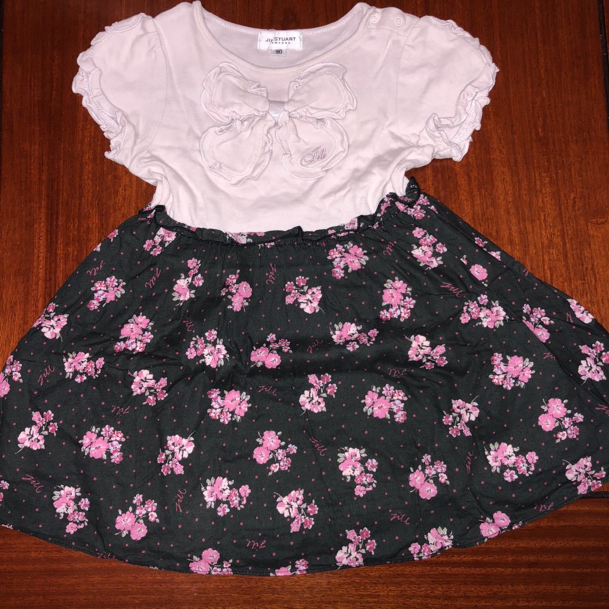  Jill Stuart JILLSTUART tunic short sleeves One-piece 90. pink × black big ribbon floral print used 