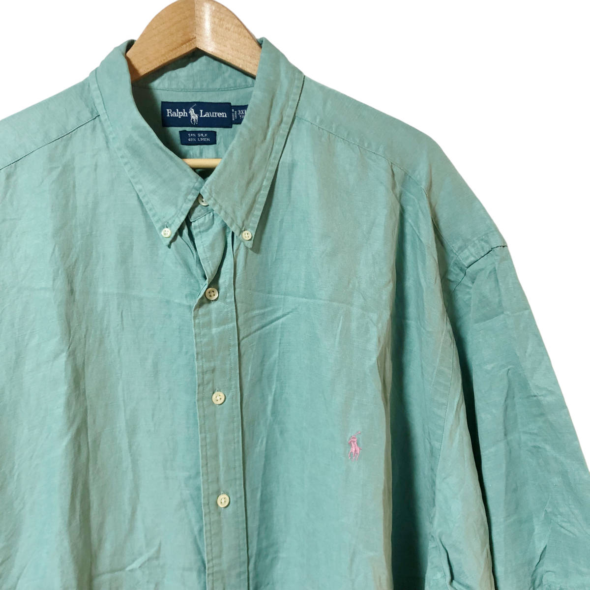 RALPH LAUREN ラルフローレン ボタンダウンシャツ シルク リネン 半袖 3XLT グリーン ビッグサイズ ポニー刺繍 ヴィンテージ メンズ A28_画像3