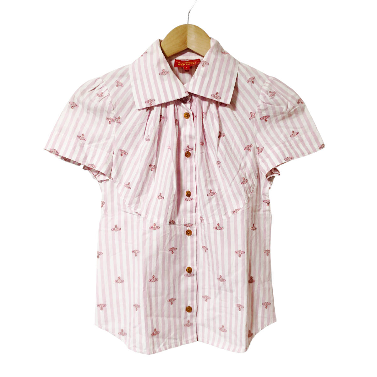 Vivienne Westwood RED LABEL ヴィヴィアンウエストウッド シャツ ブラウス オーブ 刺繍 総柄 半袖 ストライプ 1 白 ピンク レディース A22_画像1