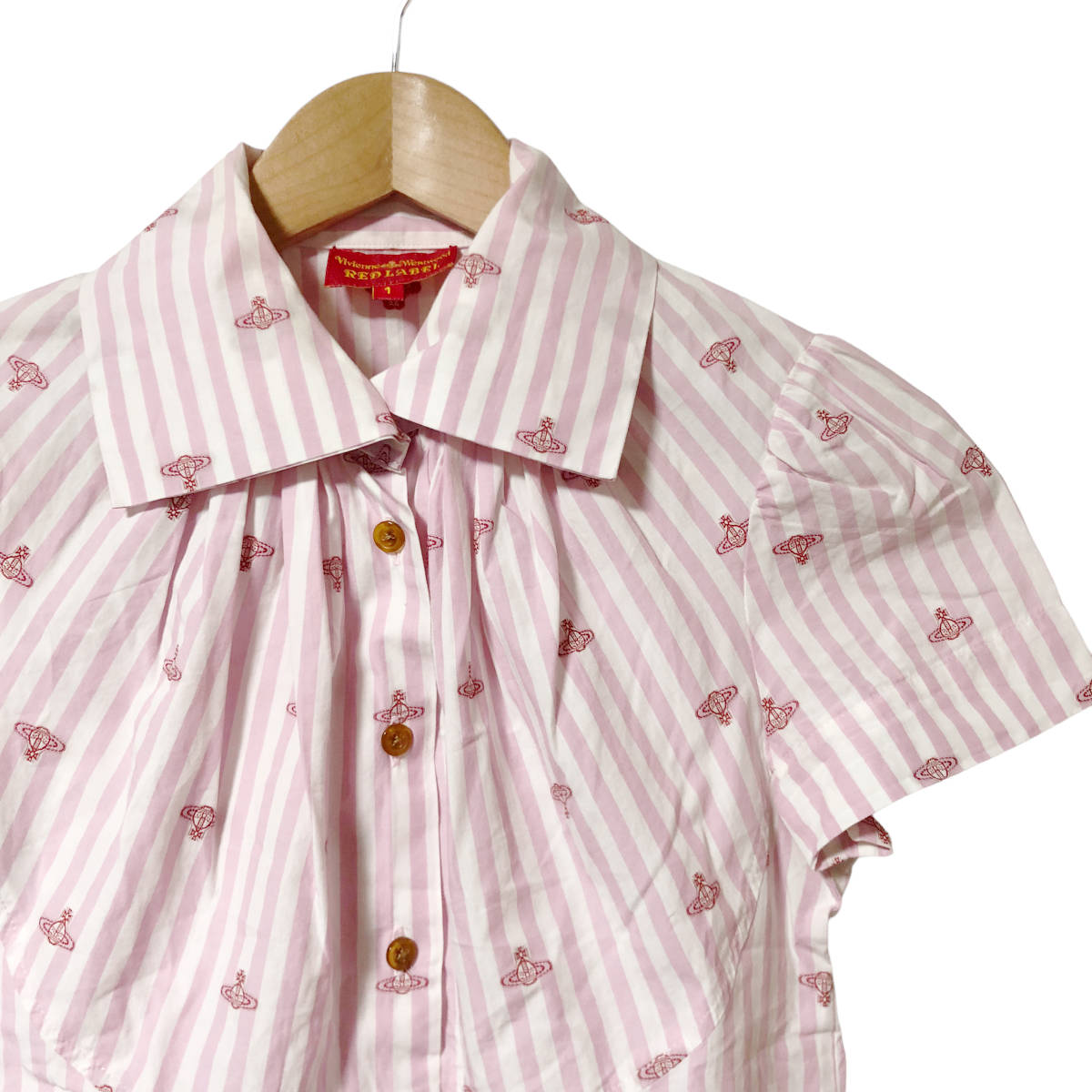 Vivienne Westwood RED LABEL ヴィヴィアンウエストウッド シャツ ブラウス オーブ 刺繍 総柄 半袖 ストライプ 1 白 ピンク レディース A22_画像5