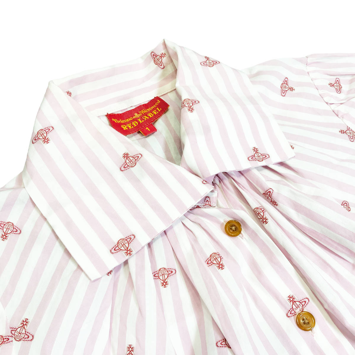 Vivienne Westwood RED LABEL ヴィヴィアンウエストウッド シャツ ブラウス オーブ 刺繍 総柄 半袖 ストライプ 1 白 ピンク レディース A22_画像6