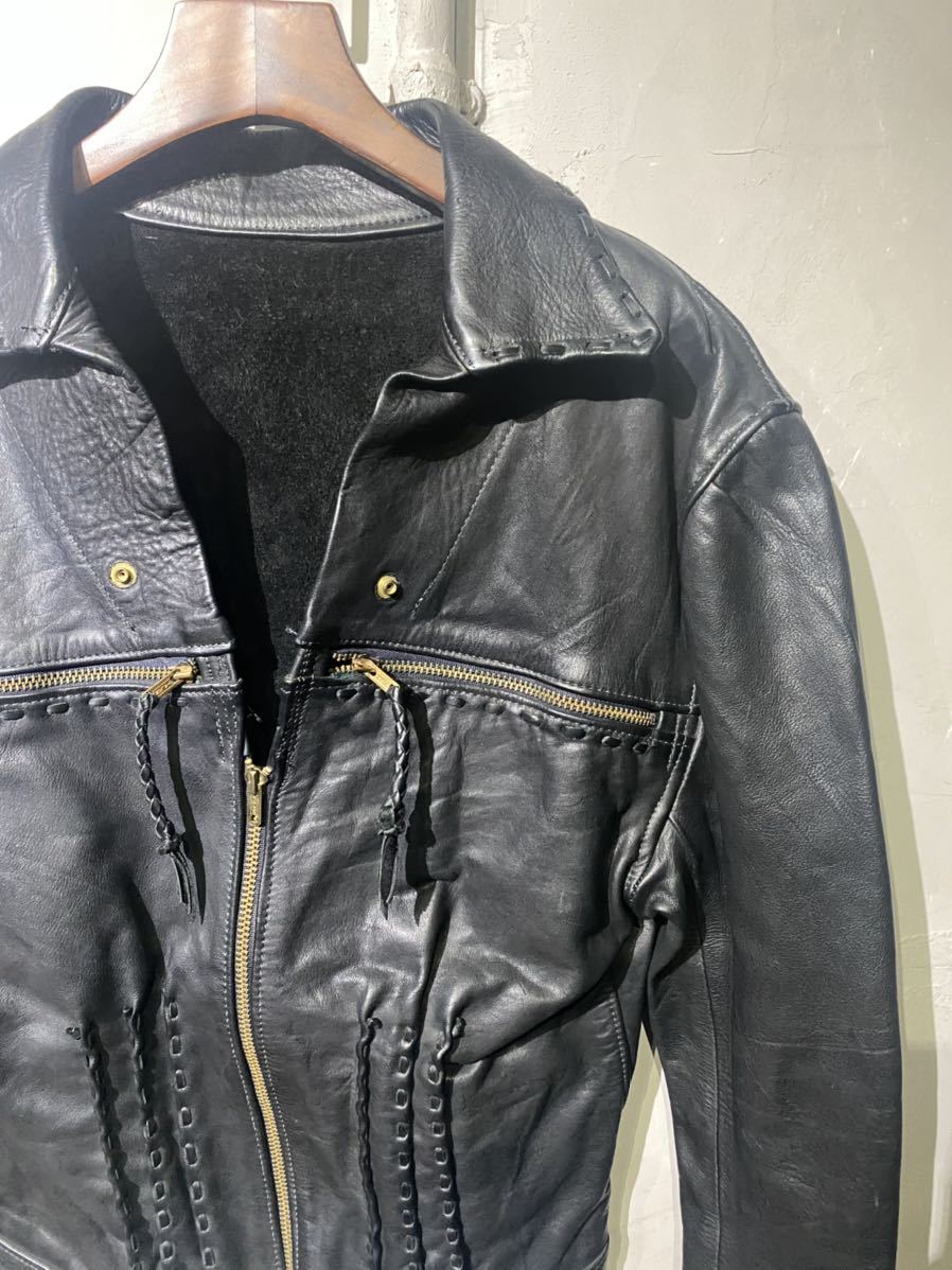 【即決】70s Leather jacket レザージャケット シングルライダース ブラック 黒 ヒッピー TALONジップ 古着 ヴィンテージ_画像1