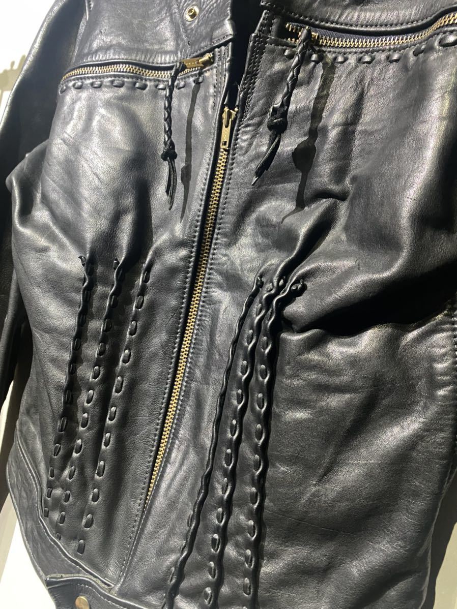 【即決】70s Leather jacket レザージャケット シングルライダース ブラック 黒 ヒッピー TALONジップ 古着 ヴィンテージ_画像4