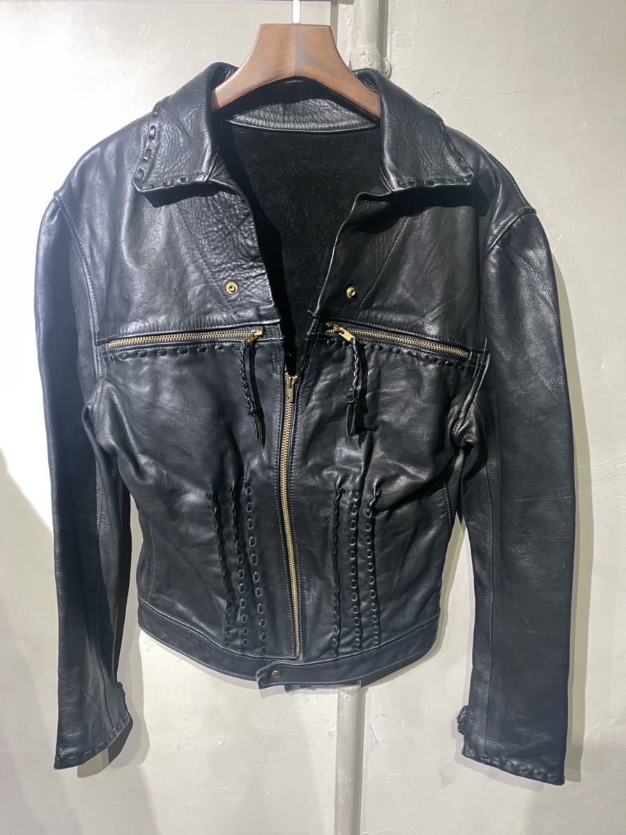 【即決】70s Leather jacket レザージャケット シングルライダース ブラック 黒 ヒッピー TALONジップ 古着 ヴィンテージ_画像2