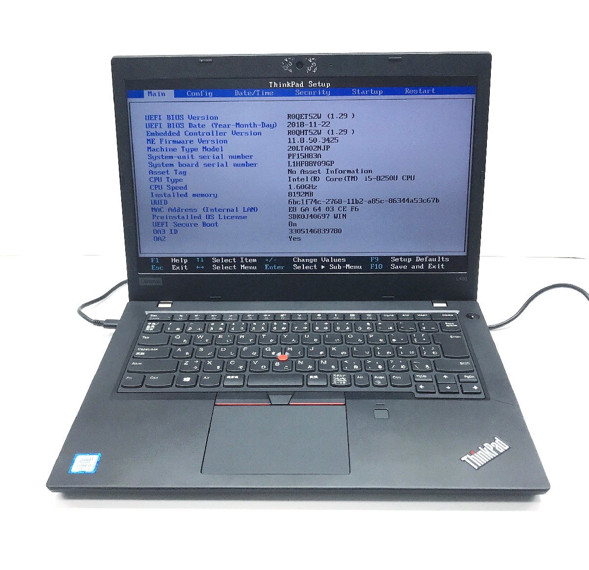 NT: 【lenovo】ThinkPad L480 Core i5-8250U 1.60GHｚ/8GB/無線　ノート