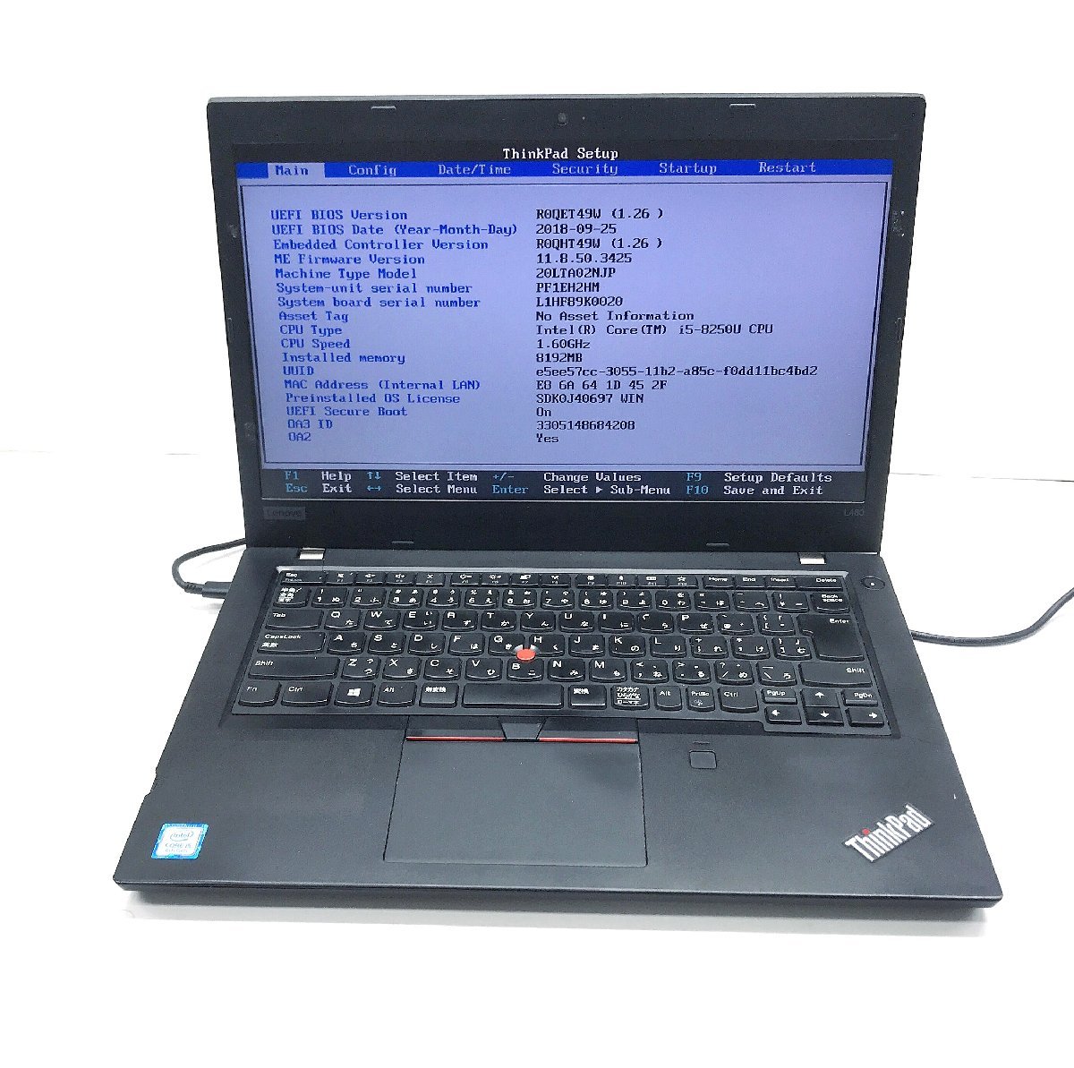 NT: 【lenovo】ThinkPad L480 Core i5-8250U 1.60GHｚ/8GB/ ノート ジャンクの画像1