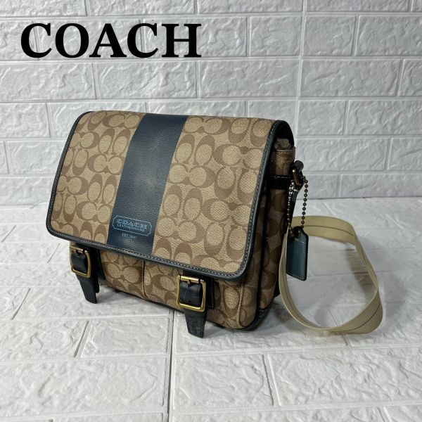 COACH コーチ ショルダーバッグ F70077 シグニチャー ヘリテージストライプPVC キャンバス シグネチャー柄(DB003)ブラウン×ネイビー