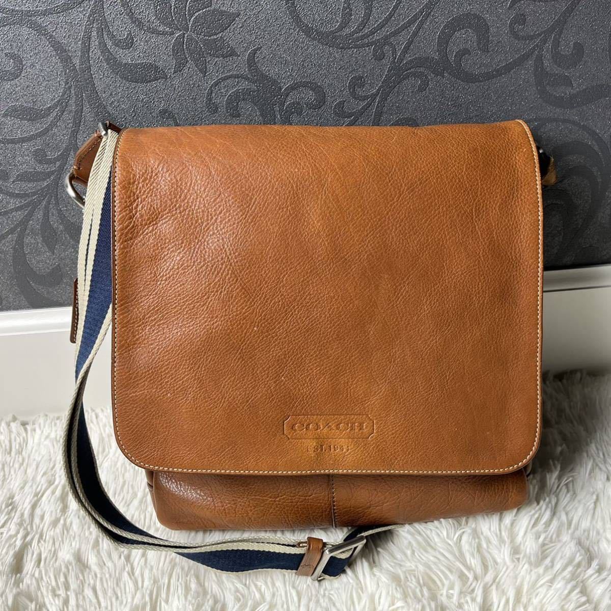 1円【美品】COACH コーチ メッセンジャーバッグ ショルダー ヘリテージウェブ レザー ブラウン 茶 マップ 斜め掛け メンズ クロスボディ _画像2