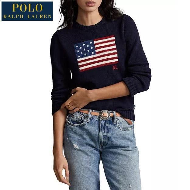 USA製 美品 レディースUS Ｌ ポロ ラルフローレン アイコニック フラッグ コットンセーター フラッグ セーター 星条旗 アメリカ