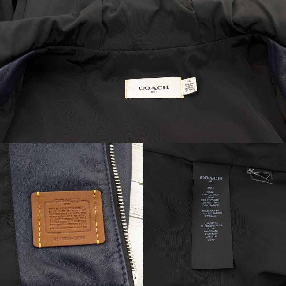 美品 COACH コーチ ラムレザー フード ジャケット ネイビー 美品 COACH コーチ ラムレザー フード ジャケット ネイビー