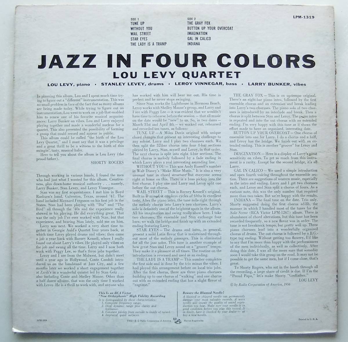 ◆ LOU LEVY Quartet / Jazz In Four Colors ◆ RCA LPM-1319 (dog:dg) ◆ W_画像2