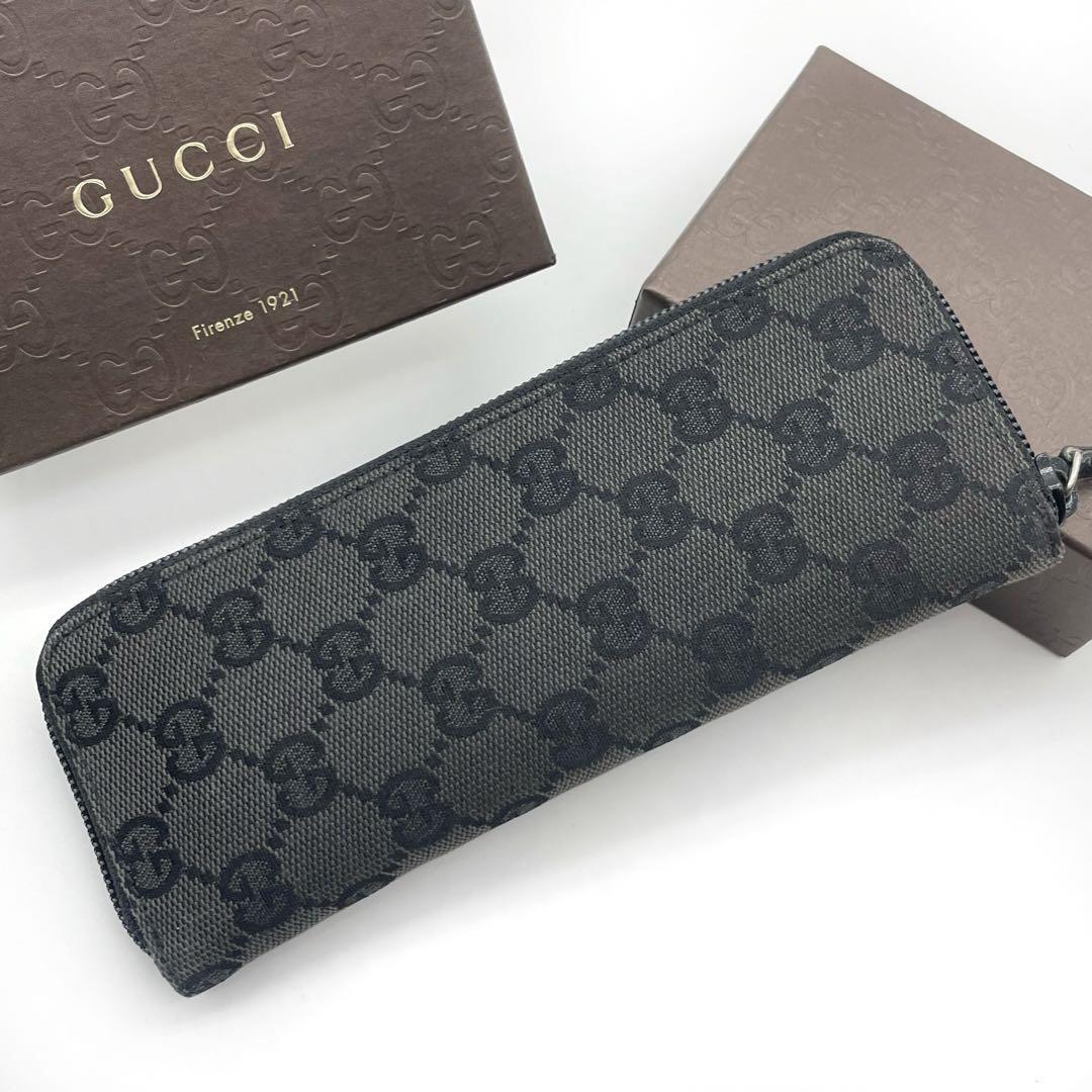 GUCCI グッチ ペンケース 小物入れ GG キャンバス 筆箱 総柄 グレー ブラック 黒 ラウンドジップ ファスナー 文房具 小物_画像1