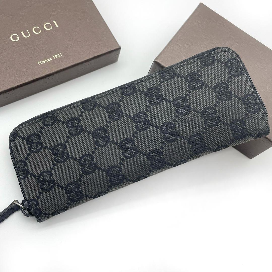 GUCCI グッチ ペンケース 小物入れ GG キャンバス 筆箱 総柄 グレー ブラック 黒 ラウンドジップ ファスナー 文房具 小物_画像2