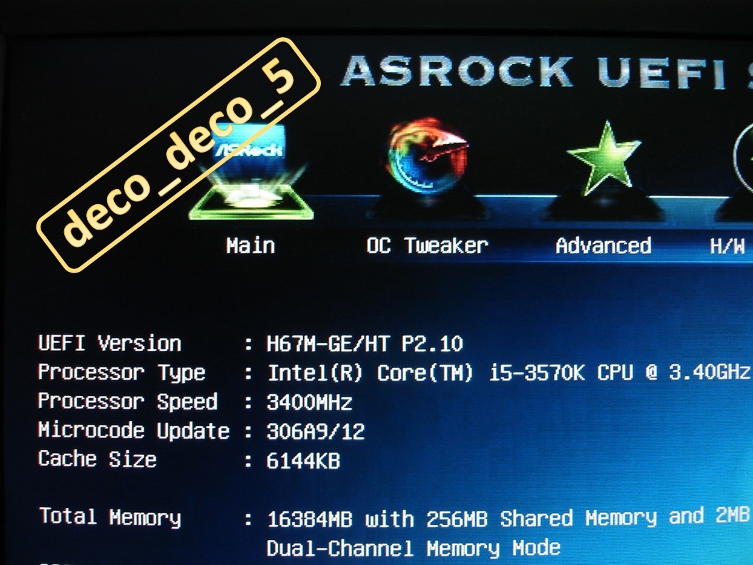 【ASRock】 H67M-GE/HT用 UEFI BIOS ROM IC (H67M-GE/THWに取付可)_H67M-GE/THWに取り付けてのBIOS画面