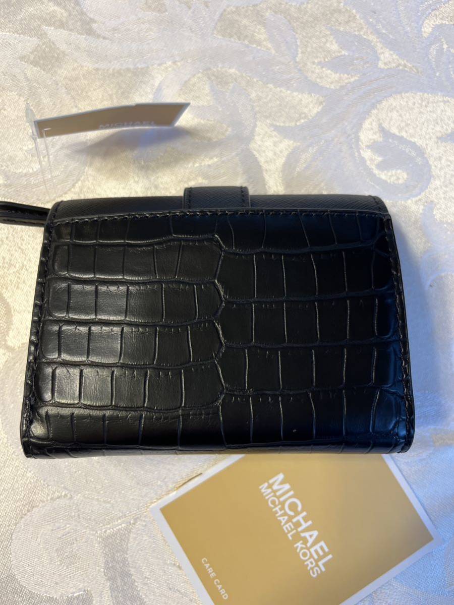 最新作　黒シルバー　新品　マイケルコース　三つ折り財布 クロコダイル柄　ミニ財布　ブラック