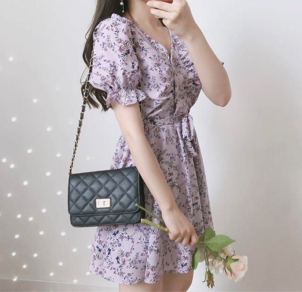 韓国ファッション  花柄ワンピース 春夏 ラベンダー