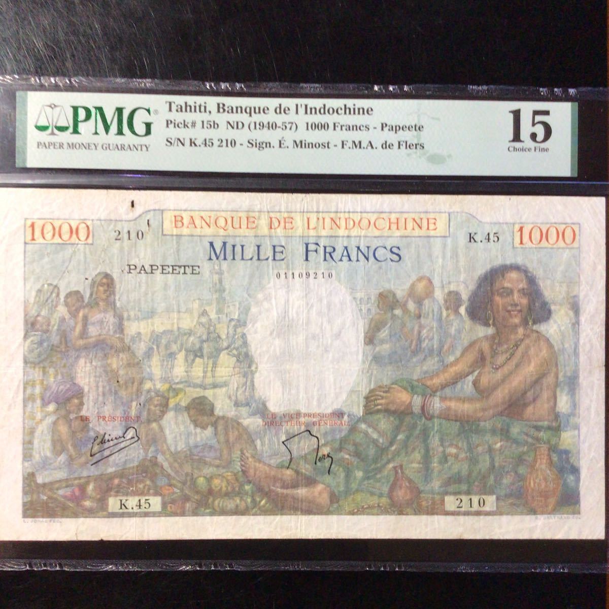 World Banknote Grading TAHITI《Banque de I´Indochine》1000 Francs【1940-57】『PMG Grading Choice Fine 15』