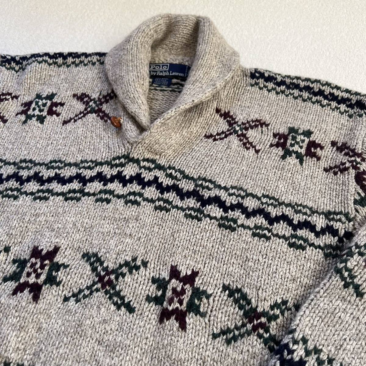 Ralph Lauren ラルフローレン ウール ローゲージ カウチン ニット セーター M グレー ネイティブ柄 ショールカラー 厚地 厚手
