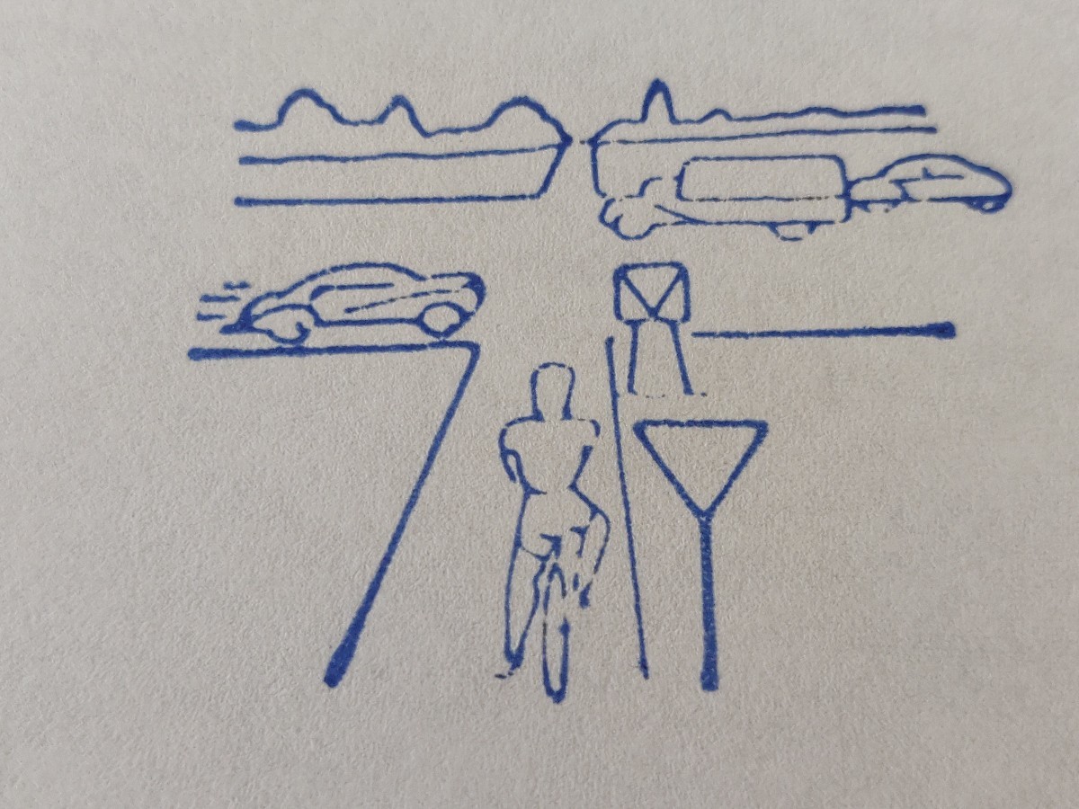 自転車　車　トラック　交差点　優先道路　一時停止　交通標識　止まれ　逆三角形　フランス　アンティーク　スタンプ　ヴィンテージ　素材_画像4
