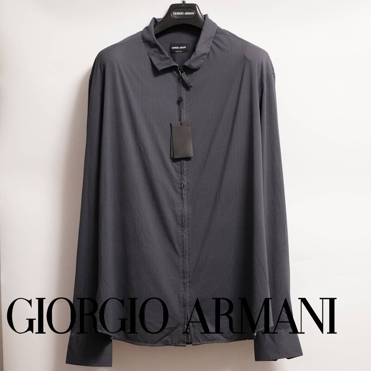 定番アイテム 超高級シャツ GIORGIO ARMANI 46サイズ ストライプストッレチシャツ Sサイズ ジョルジオアルマーニ ジップアップシャツ_画像1